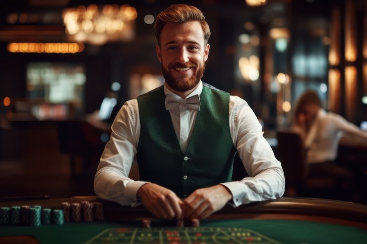 omset4d live-dealer studio with professional croupier at blackjack table